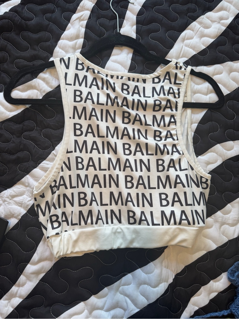 Balmain White Crop Tank with Black All-Over Logo